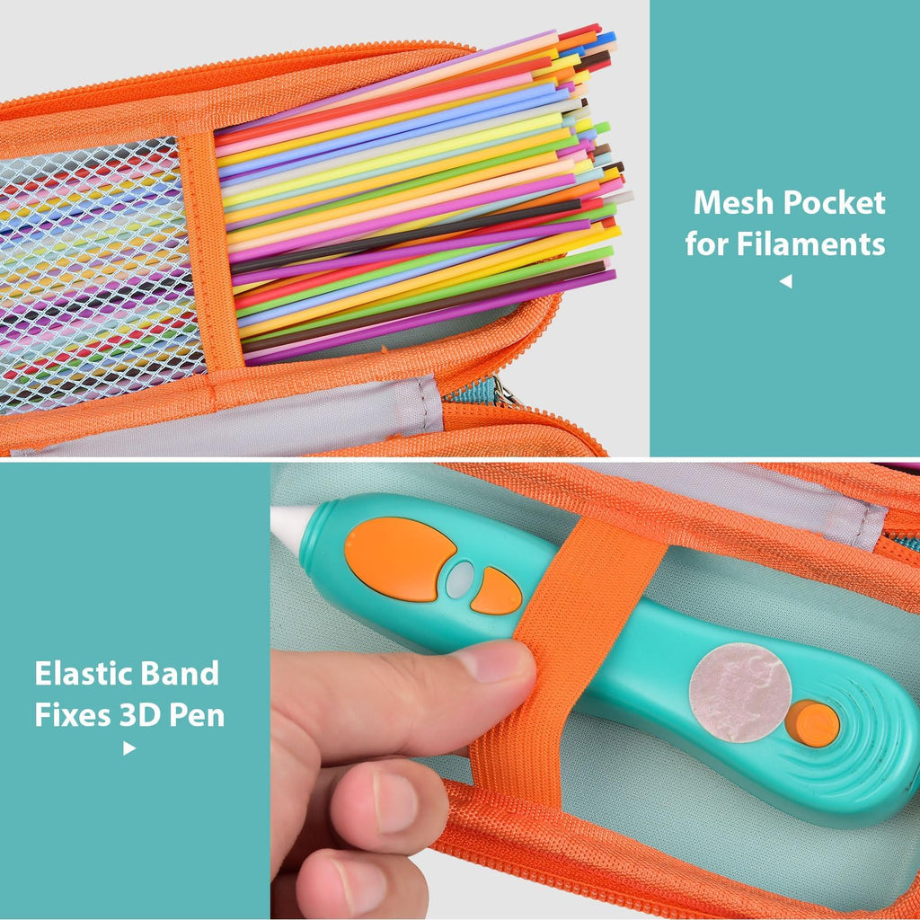 Turquoise and orange case interior with mesh filament pocket and elastic pen strap