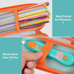 Turquoise and orange case interior with mesh filament pocket and elastic pen strap