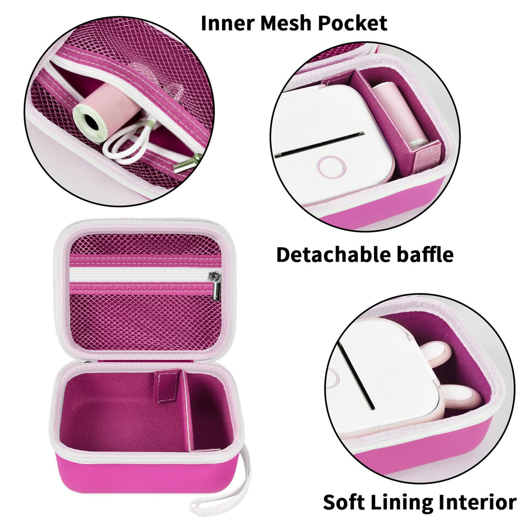 Magenta label maker case interior with mesh pocket, removable divider, and soft lining