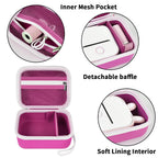 Magenta label maker case interior with mesh pocket, removable divider, and soft lining