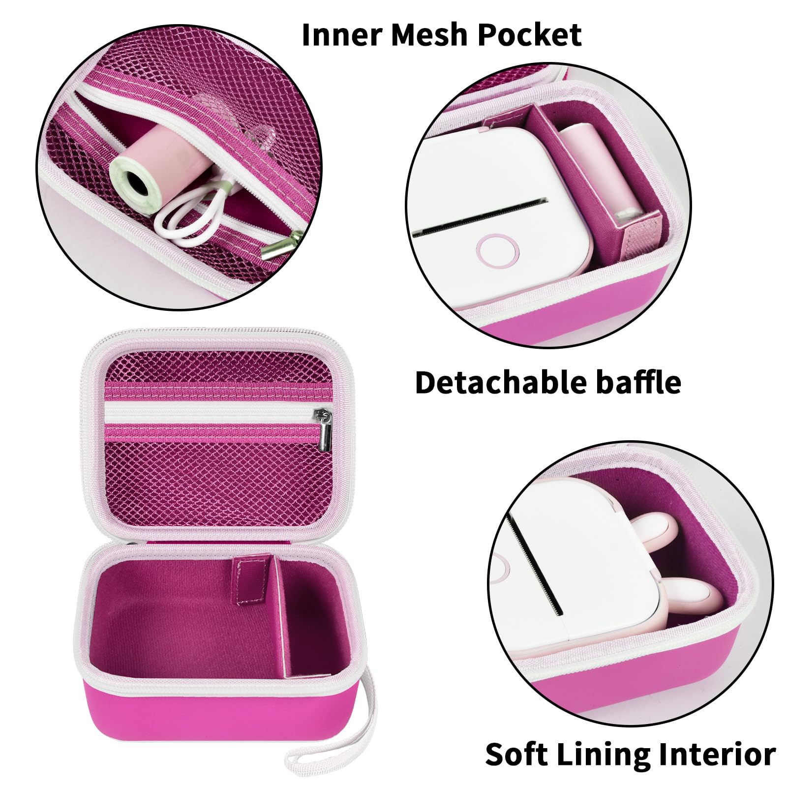 Magenta label maker case interior with mesh pocket, removable divider, and soft lining