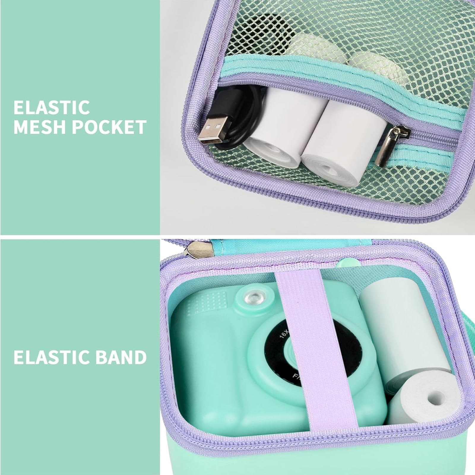 Mint green kids instant print camera case interior mesh pocket and elastic strap detail