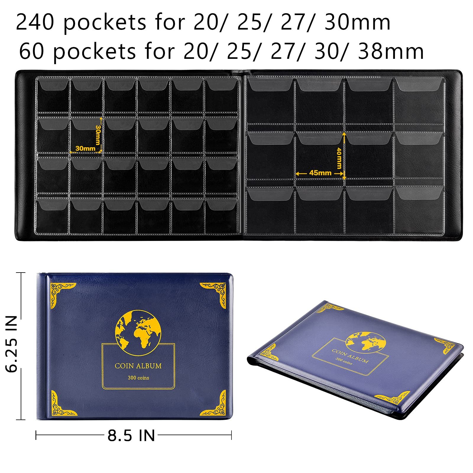 Green coin album with 300 pockets, dimensions, and separate spaces for different coin sizes