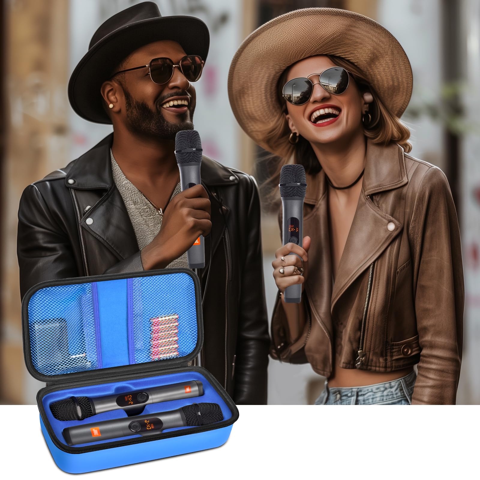 Singers using wireless microphones beside the open blue carrying case