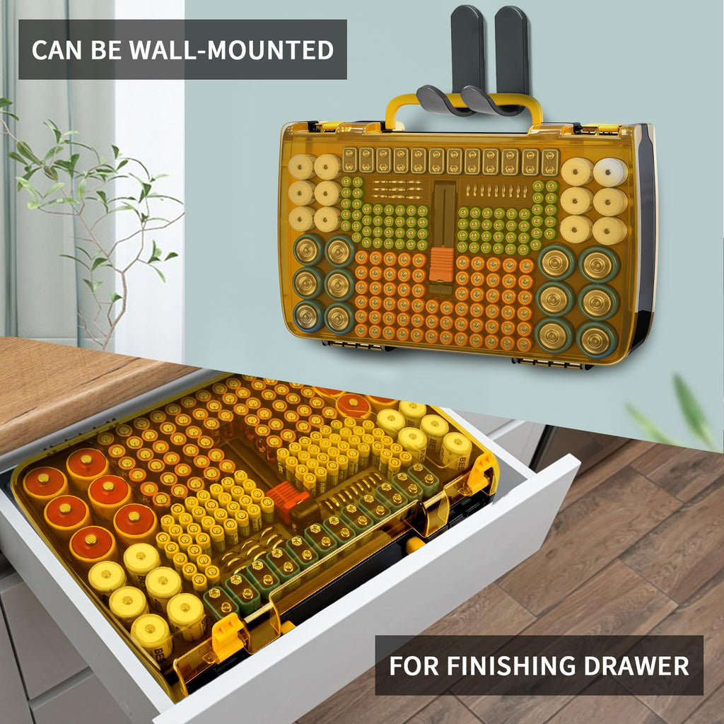 Yellow and black 269-slot battery organizer case wall-mounted and drawer-storage options