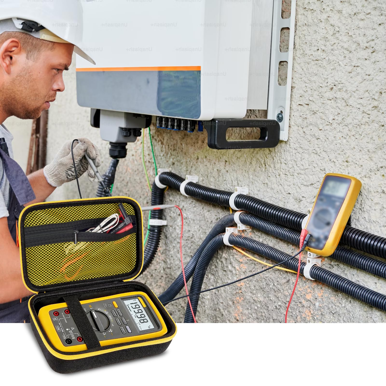 Technician testing equipment beside an open black and yellow multimeter organizer case