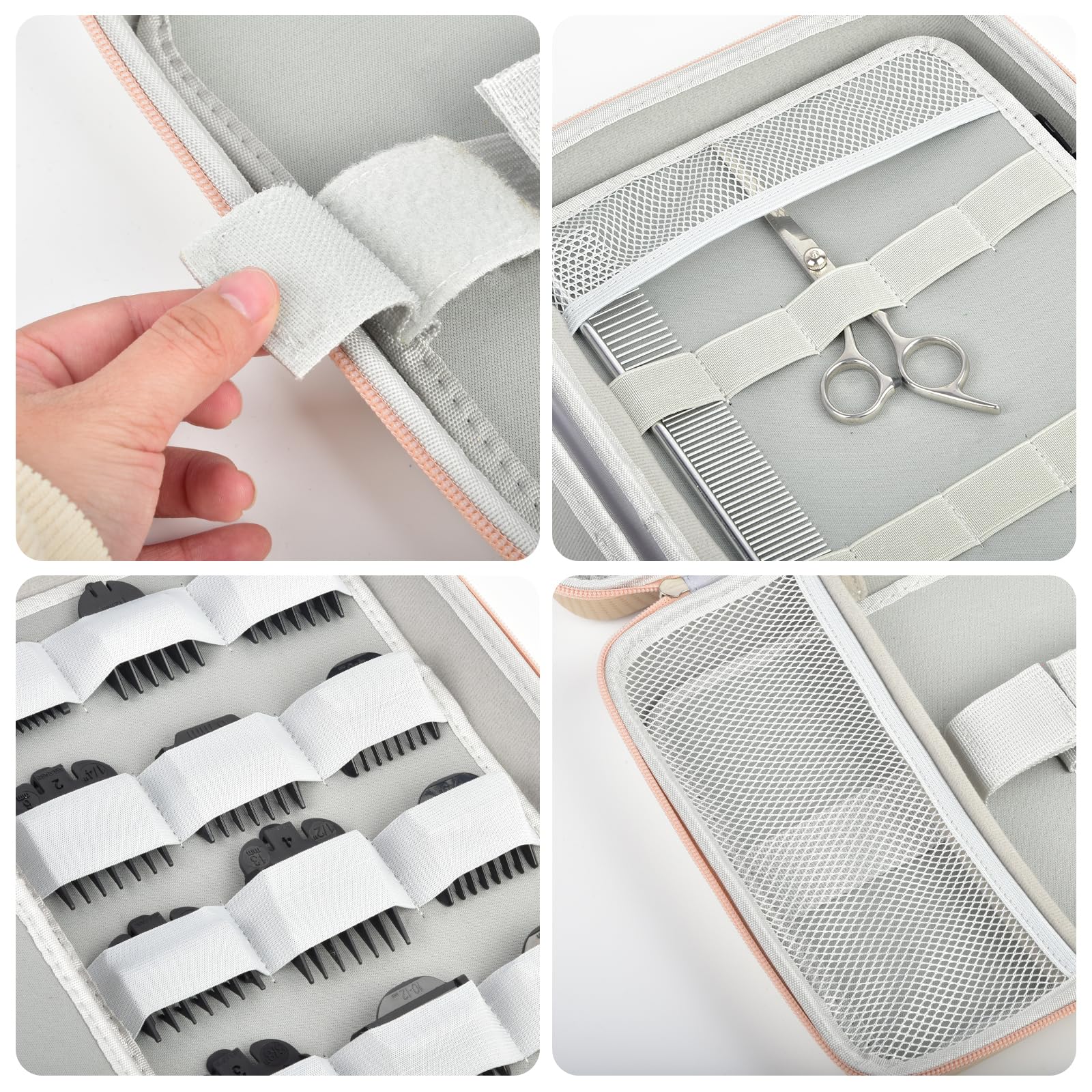 Beige clipper case interior with adjustable elastic straps, mesh pocket, and padded compartments