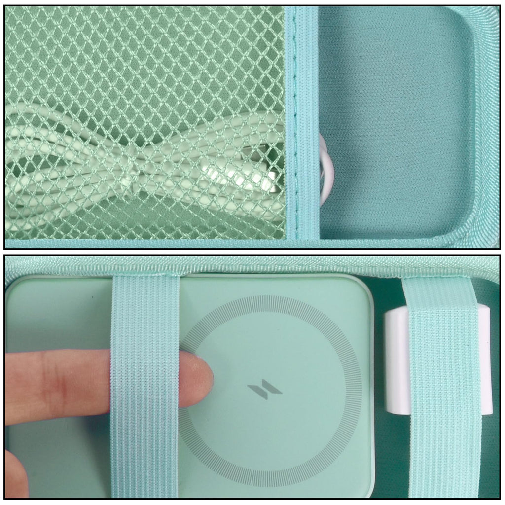 Mint green case interior securing a magnetic power bank with elastic straps and cable in the mesh pocket