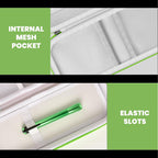 bright green stethoscope case interior with mesh pocket and elastic accessory slots