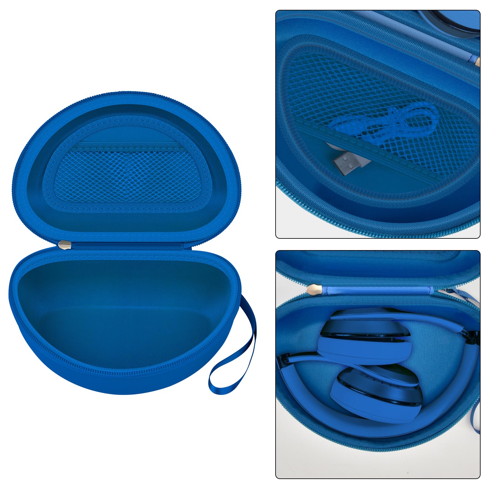 Open blue headphone case with mesh accessory pocket and folded over-ear headphones