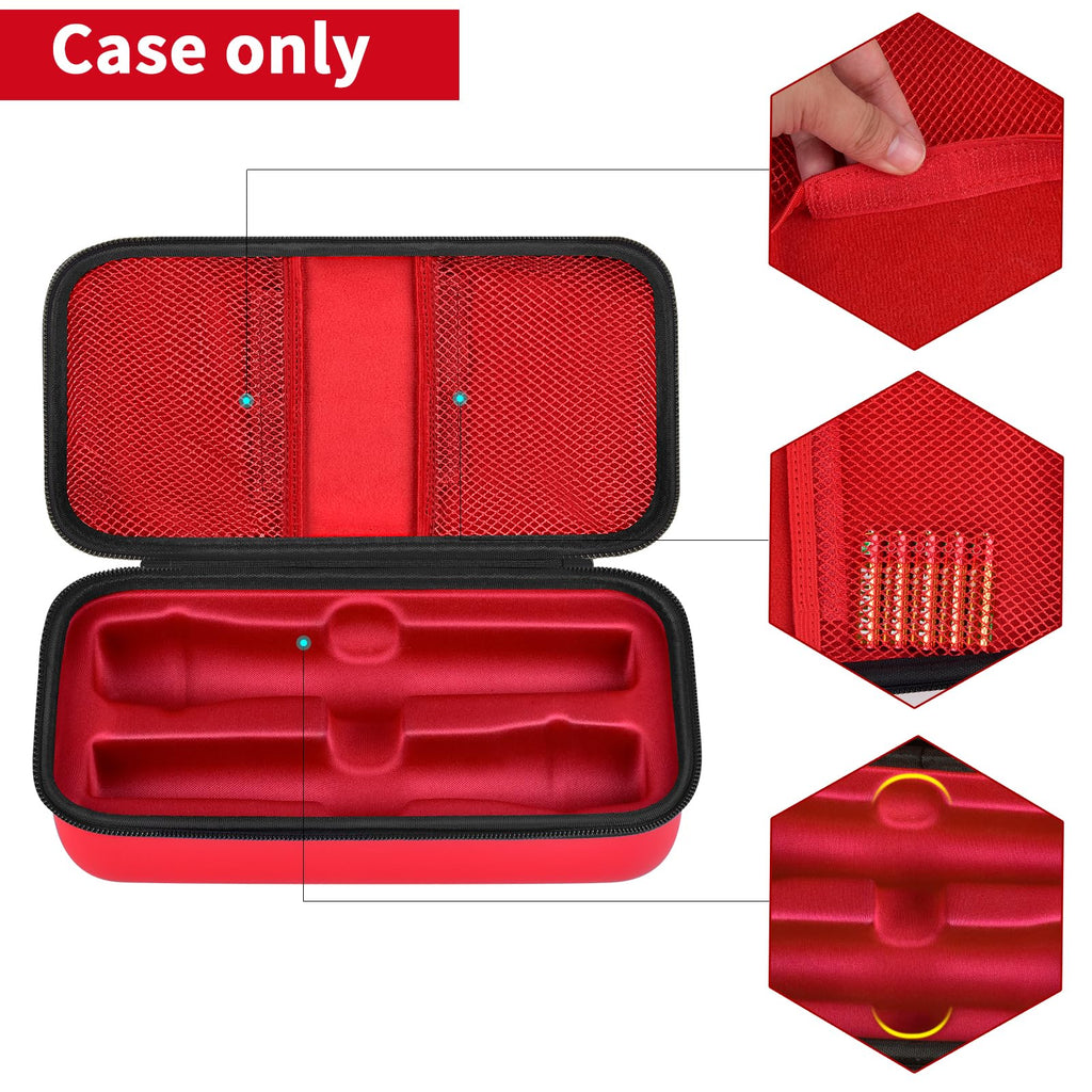 Open red microphone organizer with mesh pockets and molded dual-mic compartments; case only