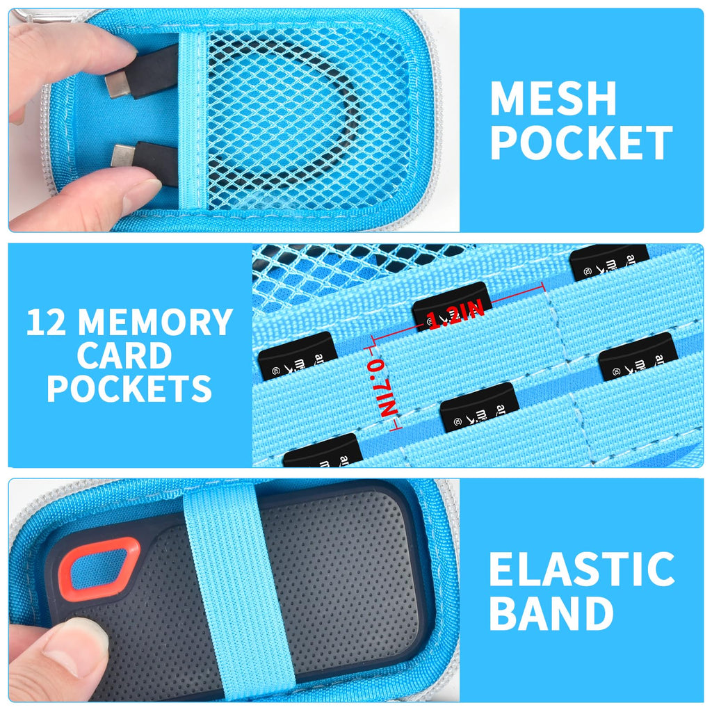 Blue SSD case interior with mesh pocket, 12 card slots, and elastic drive strap