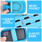 Blue SSD case interior with mesh pocket, 12 card slots, and elastic drive strap