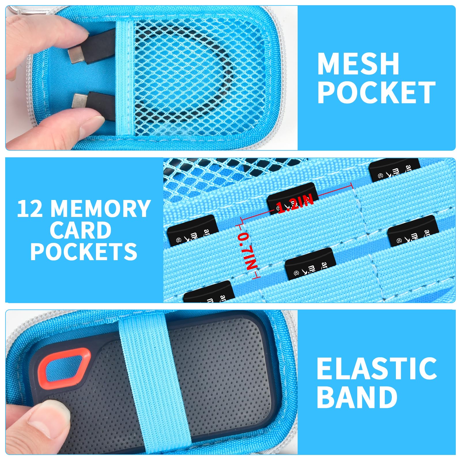 Blue SSD case interior with mesh pocket, 12 card slots, and elastic drive strap