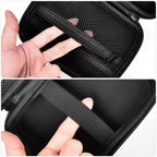 Black case interior with elastic printer strap and mesh accessory pocket