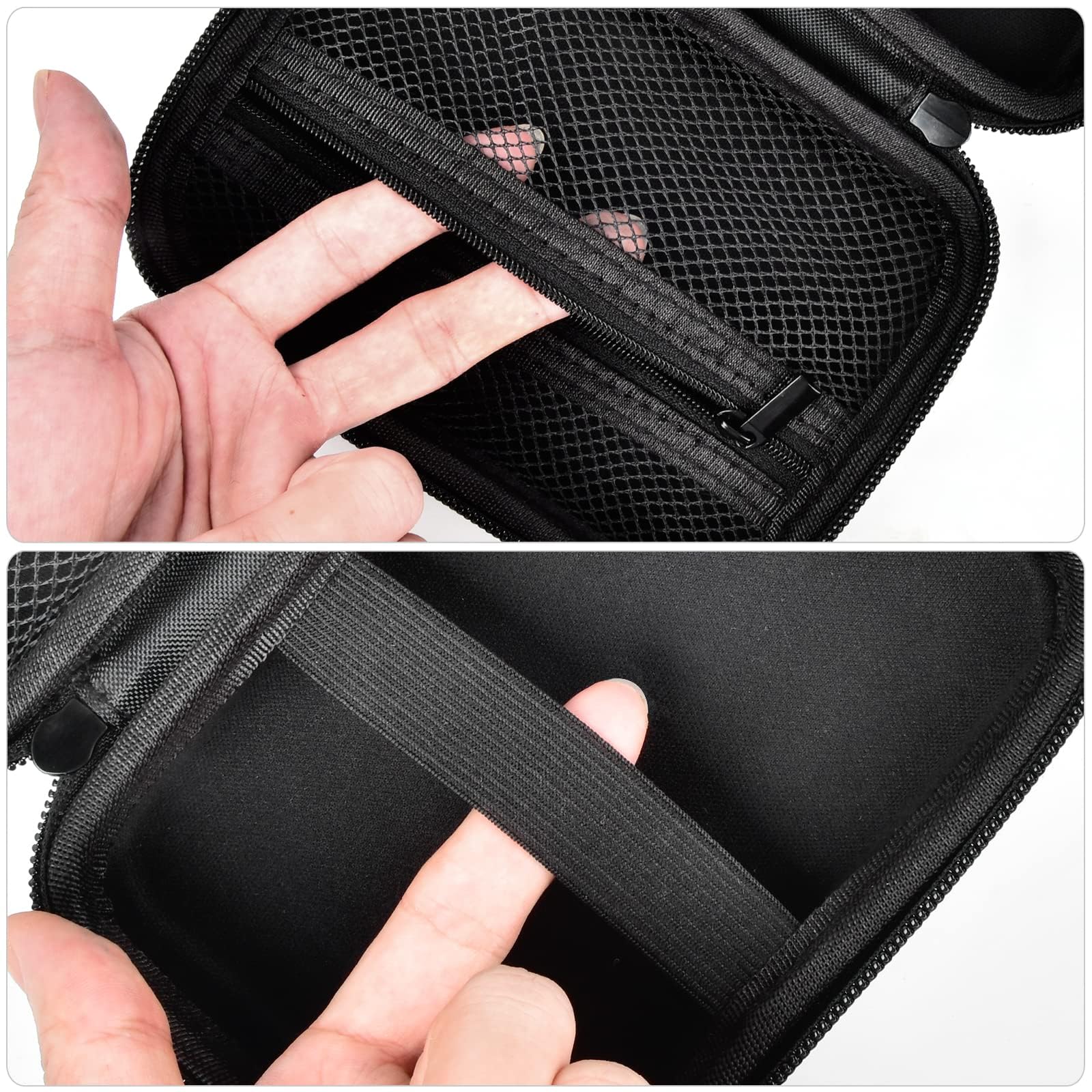 Black case interior with elastic printer strap and mesh accessory pocket