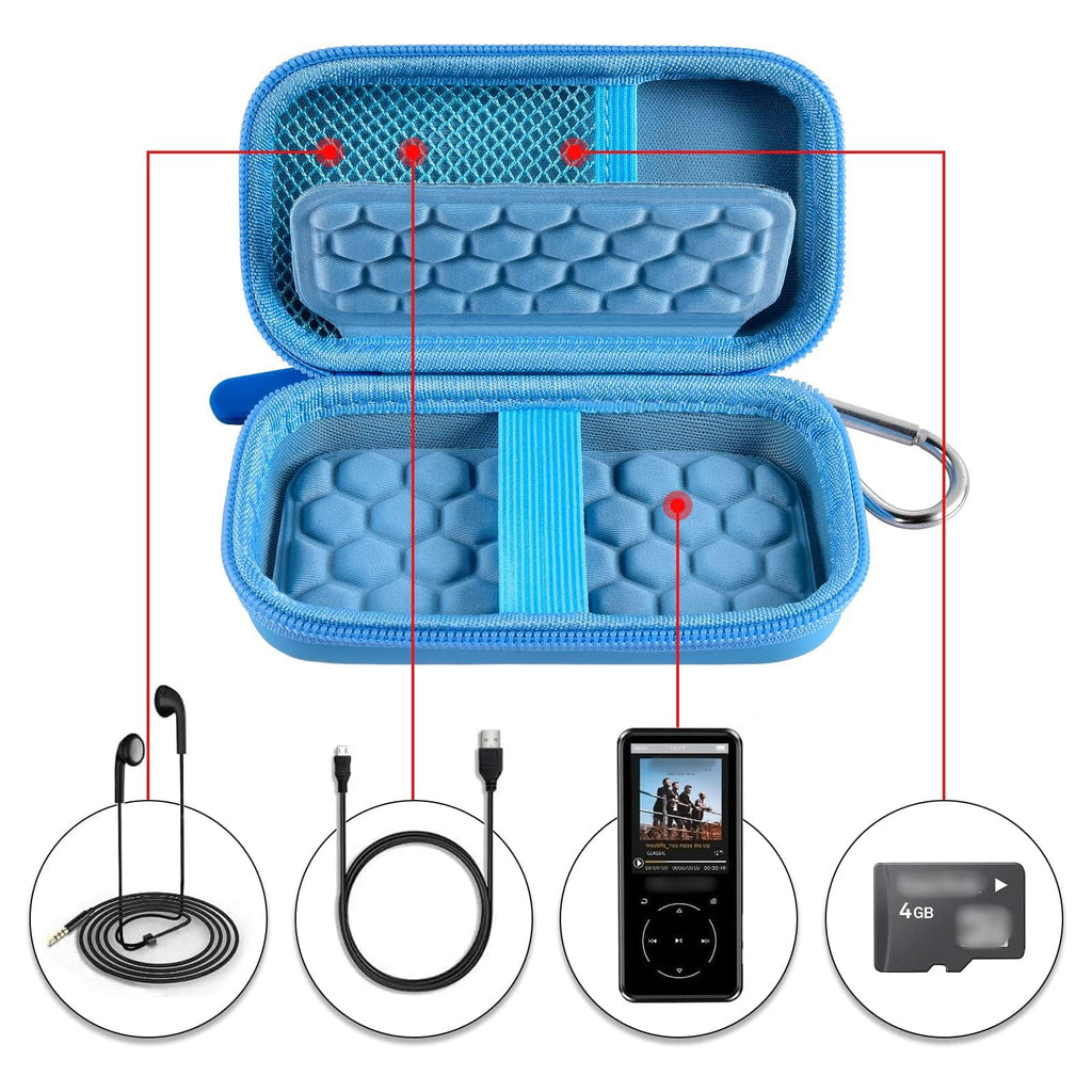 Open bright blue MP3 and MP4 player case with molded padding, mesh pocket, and elastic straps