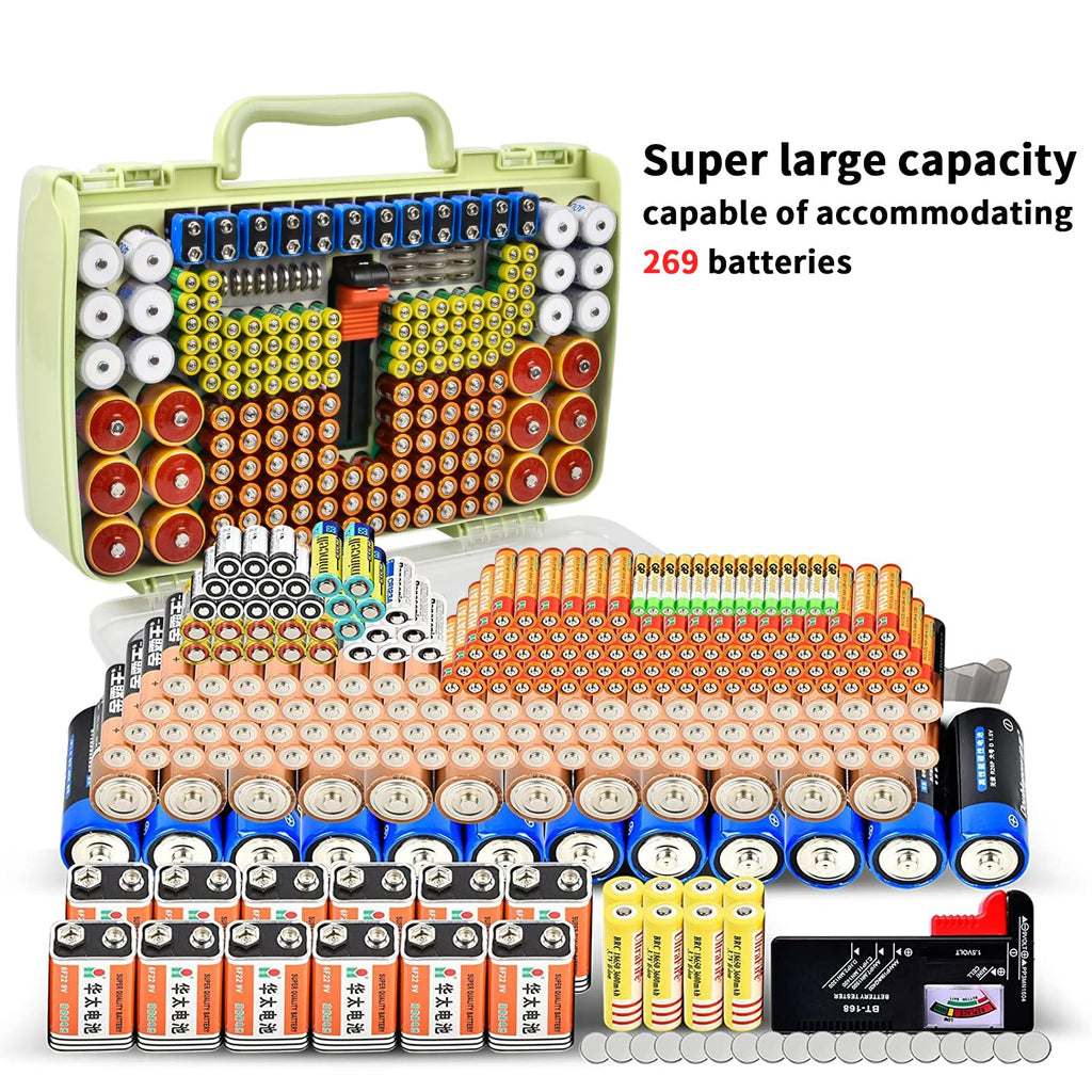Lime green 269-slot battery organizer case large-capacity organizer shown with supported battery sizes