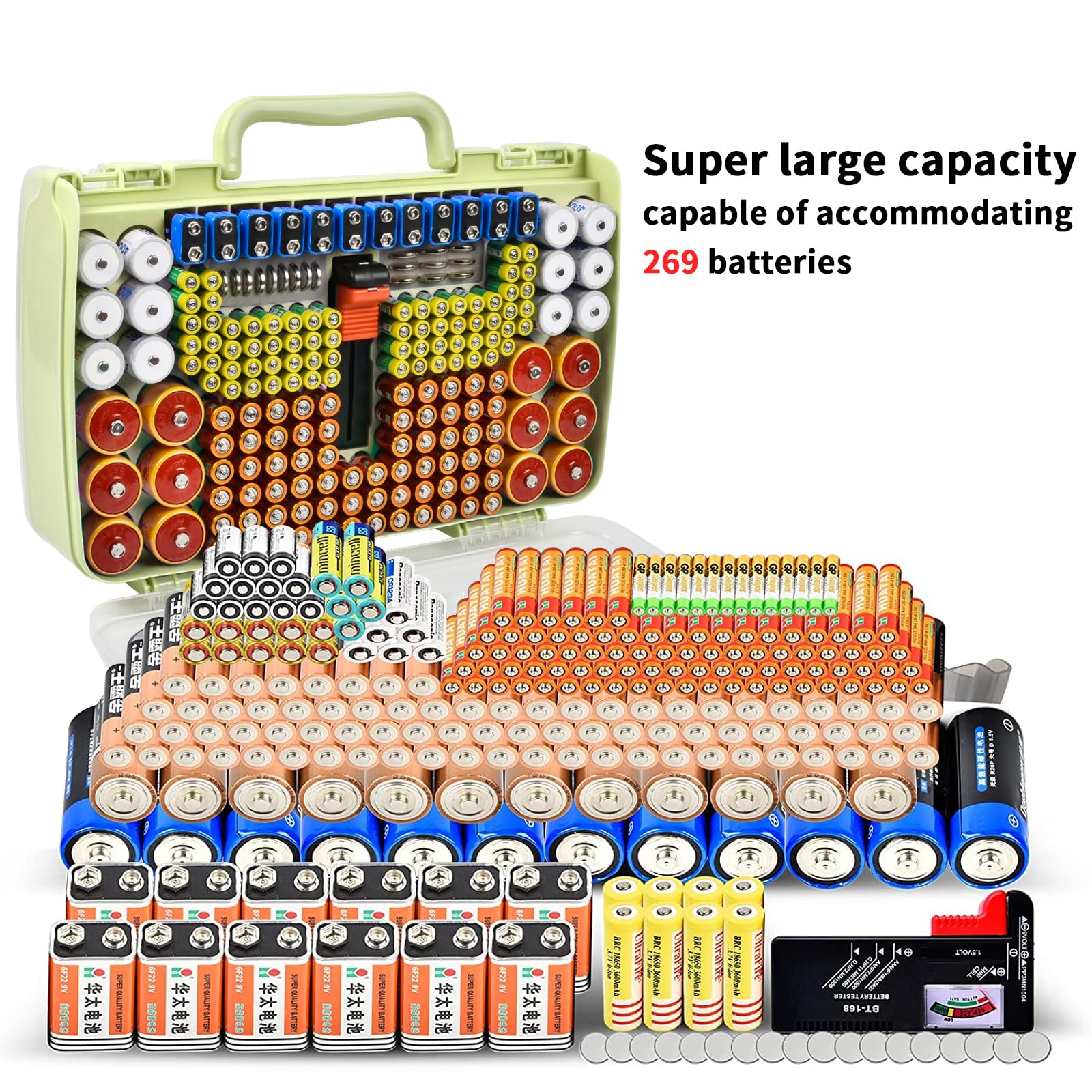 Lime green 269-slot battery organizer case large-capacity organizer shown with supported battery sizes