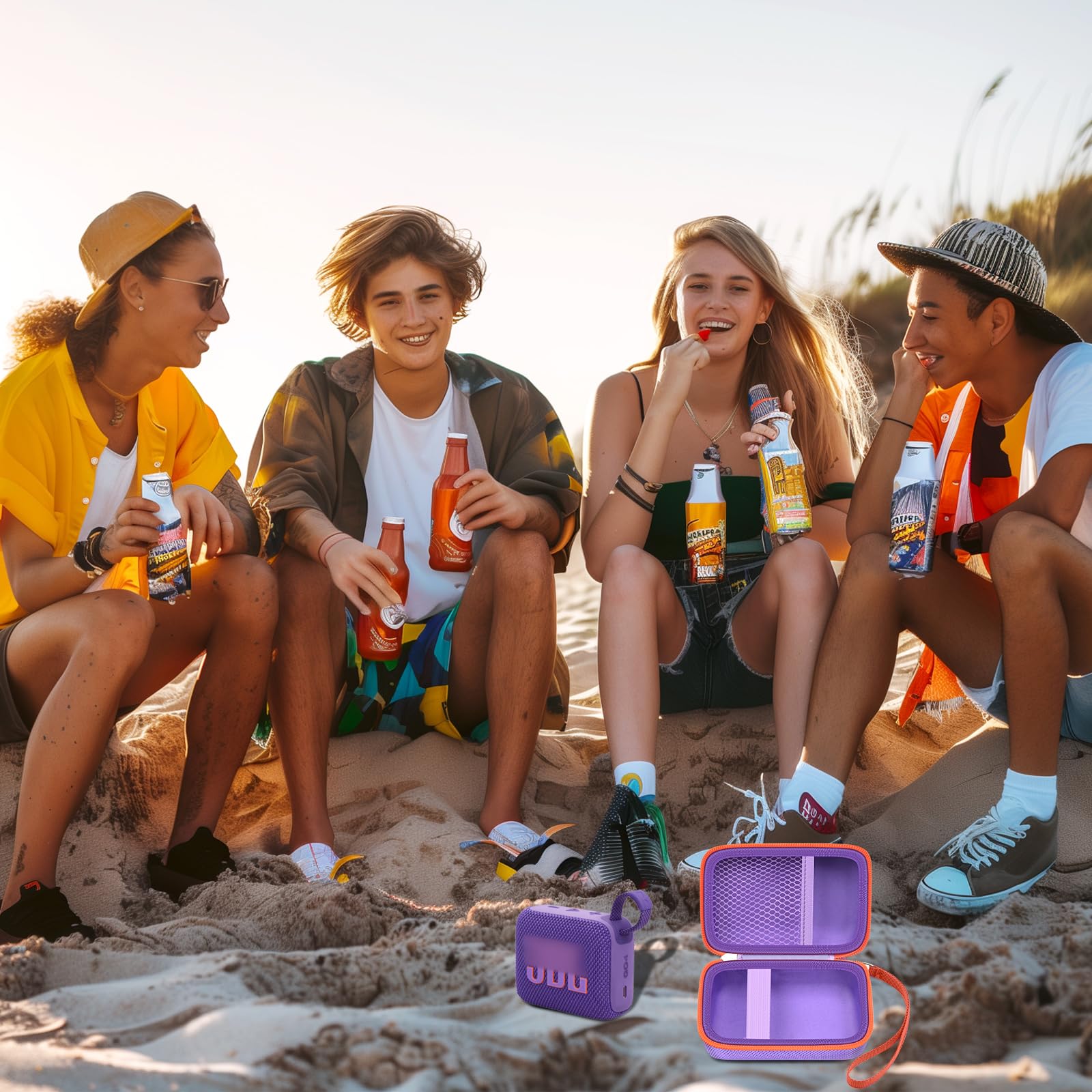 Friends using a JBL Go speaker with the open purple and orange travel case at the beach