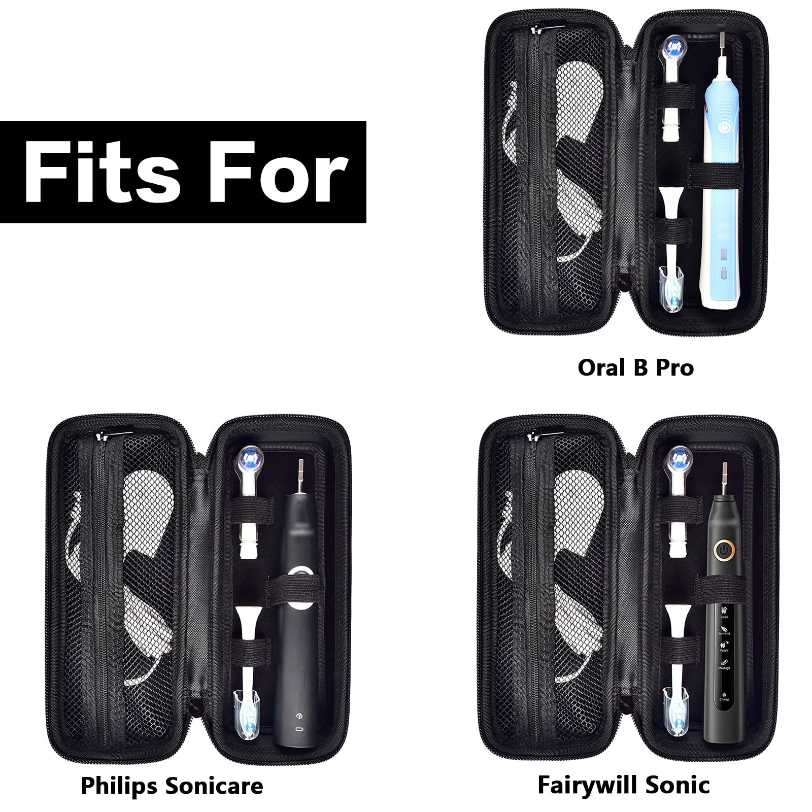 Open black electric toothbrush travel case shown with Oral-B and Philips Sonicare handles