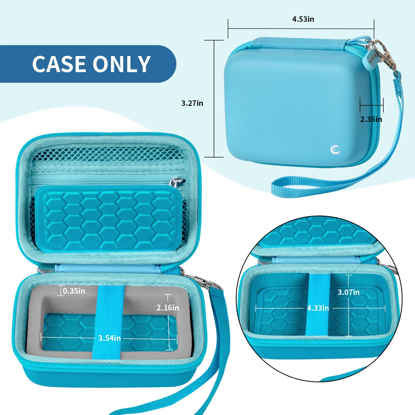 Open teal camera case with internal dimensions and wrist strap; case only