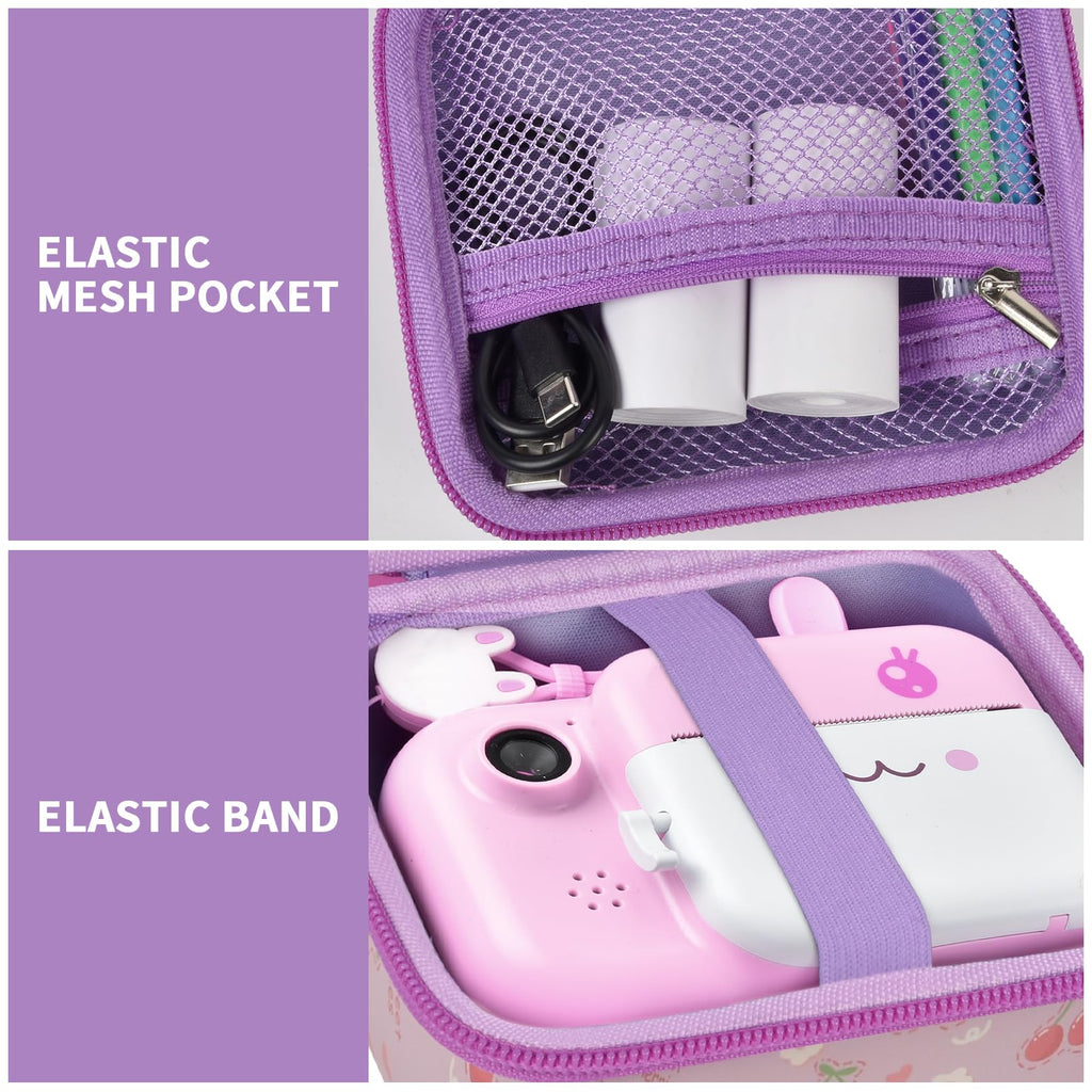 Floral pink kids instant print camera case interior mesh pocket and elastic strap detail