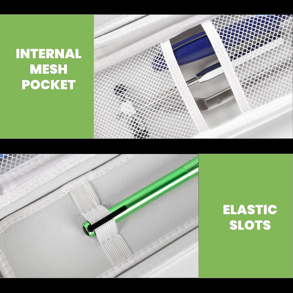 white heart-patterned stethoscope case interior with mesh pocket and elastic accessory slots