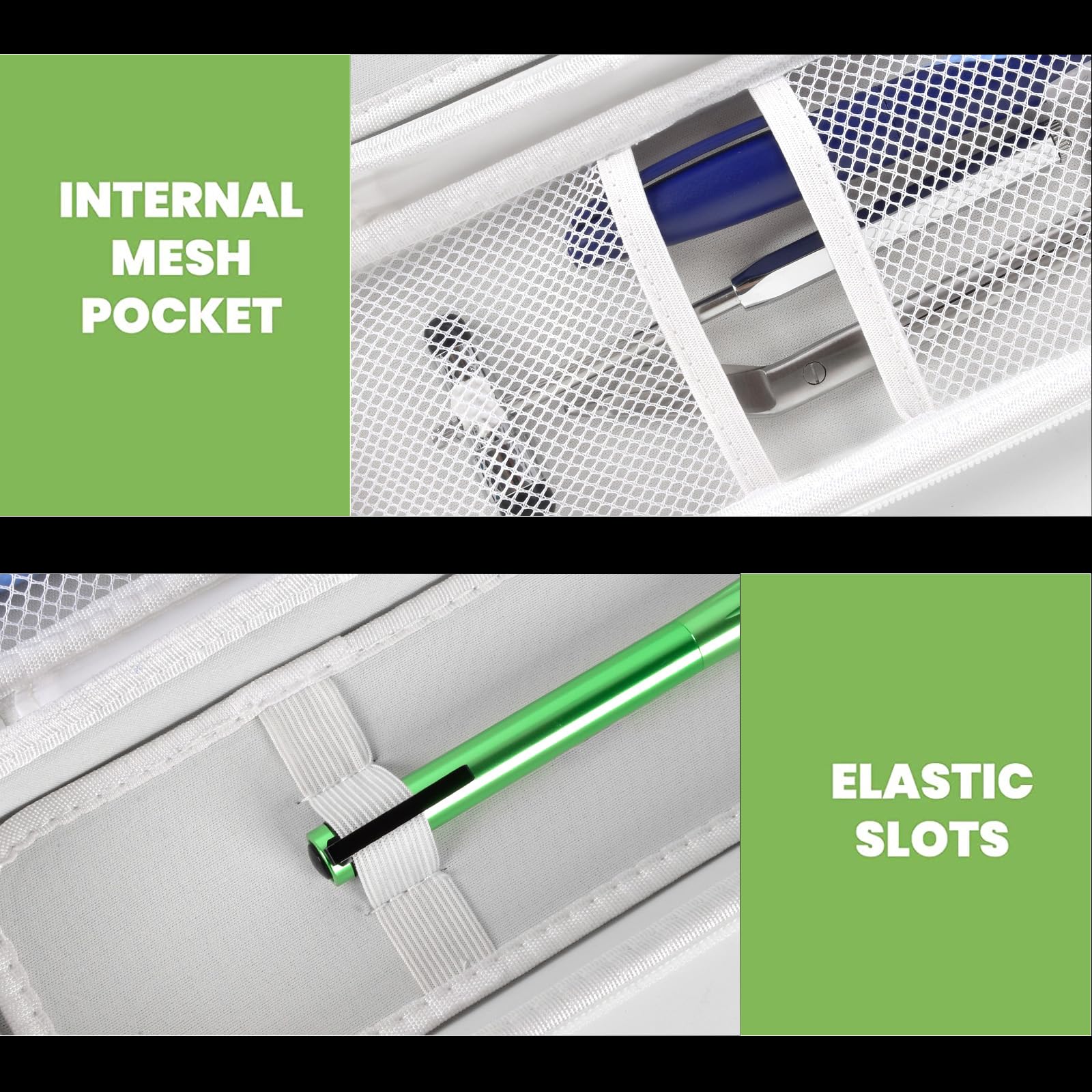 white heart-patterned stethoscope case interior with mesh pocket and elastic accessory slots