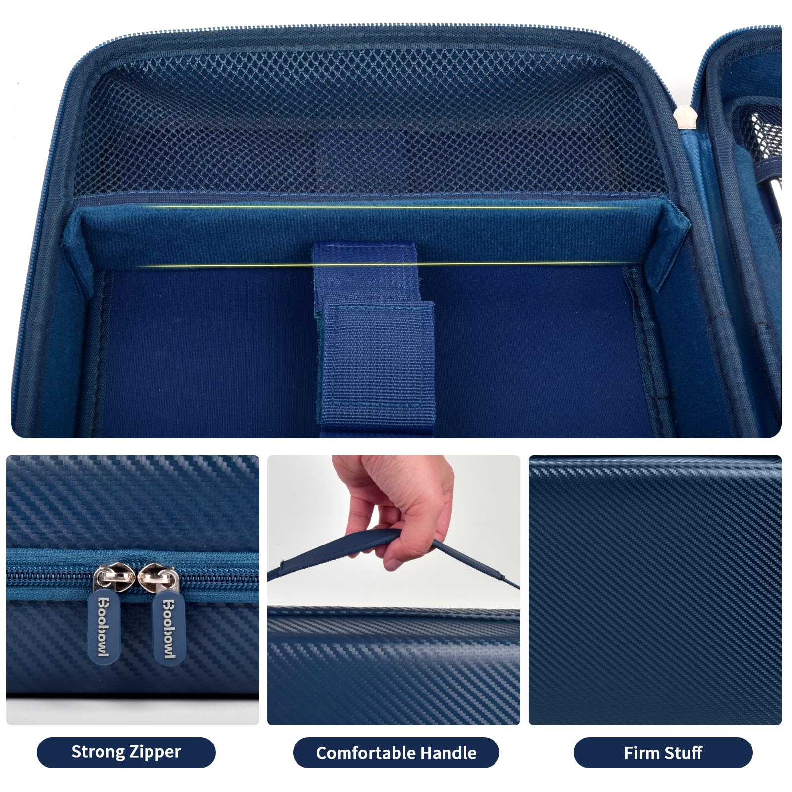 Blue barber case with mesh pocket, strong zipper, handle, and firm protective shell