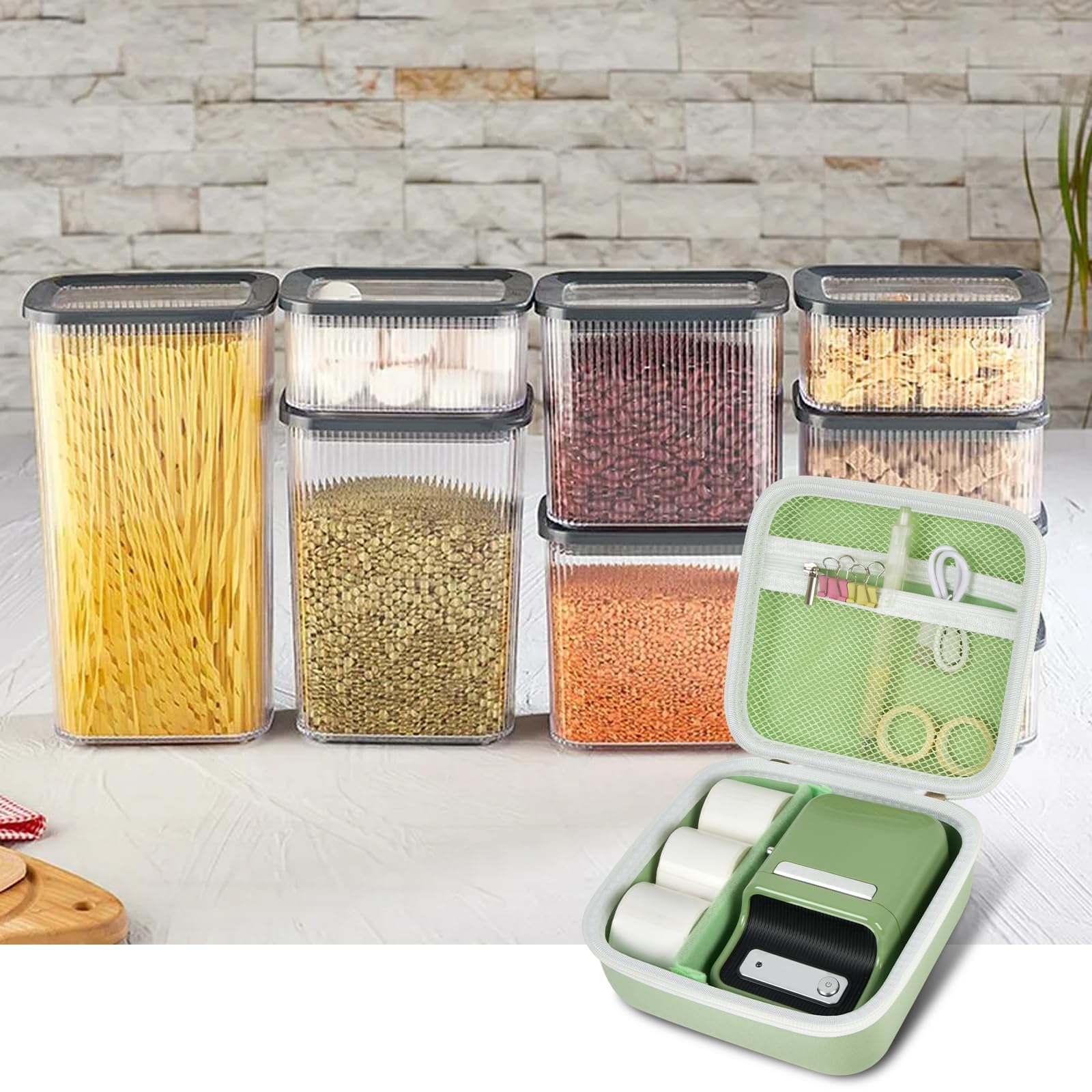 Open light green NIIMBOT case organizing a label maker and accessories in a kitchen