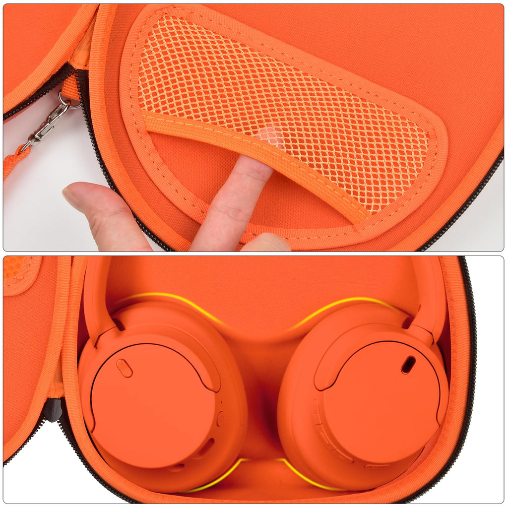 Orange headphone case interior with mesh accessory pocket and folded headphones