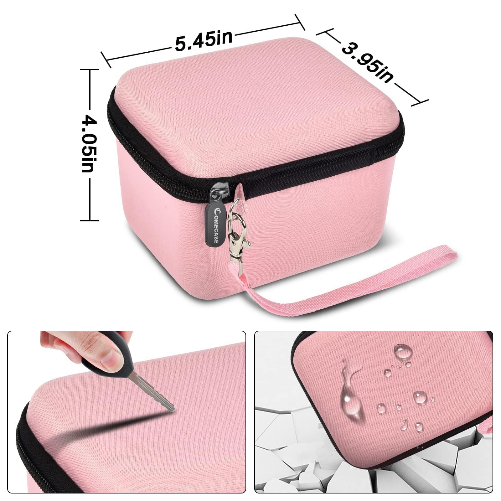 Pink camera case dimensions with scratch, impact, and water-resistant protection