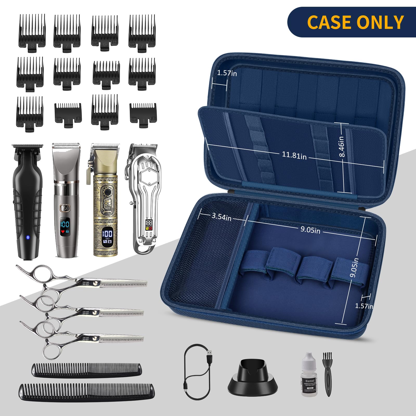 Open blue professional clipper case with elastic tool loops and grooming accessories; case only