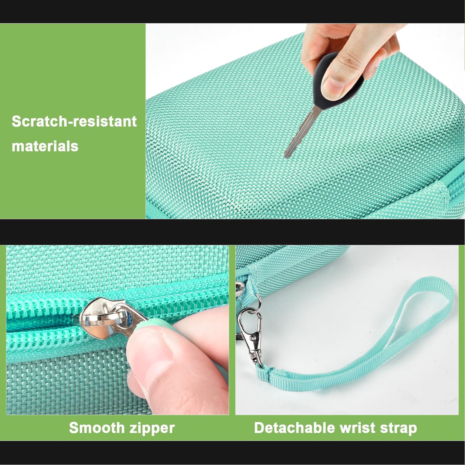 Mint green protective digital camera case scratch-resistant shell, zipper and wrist strap detail