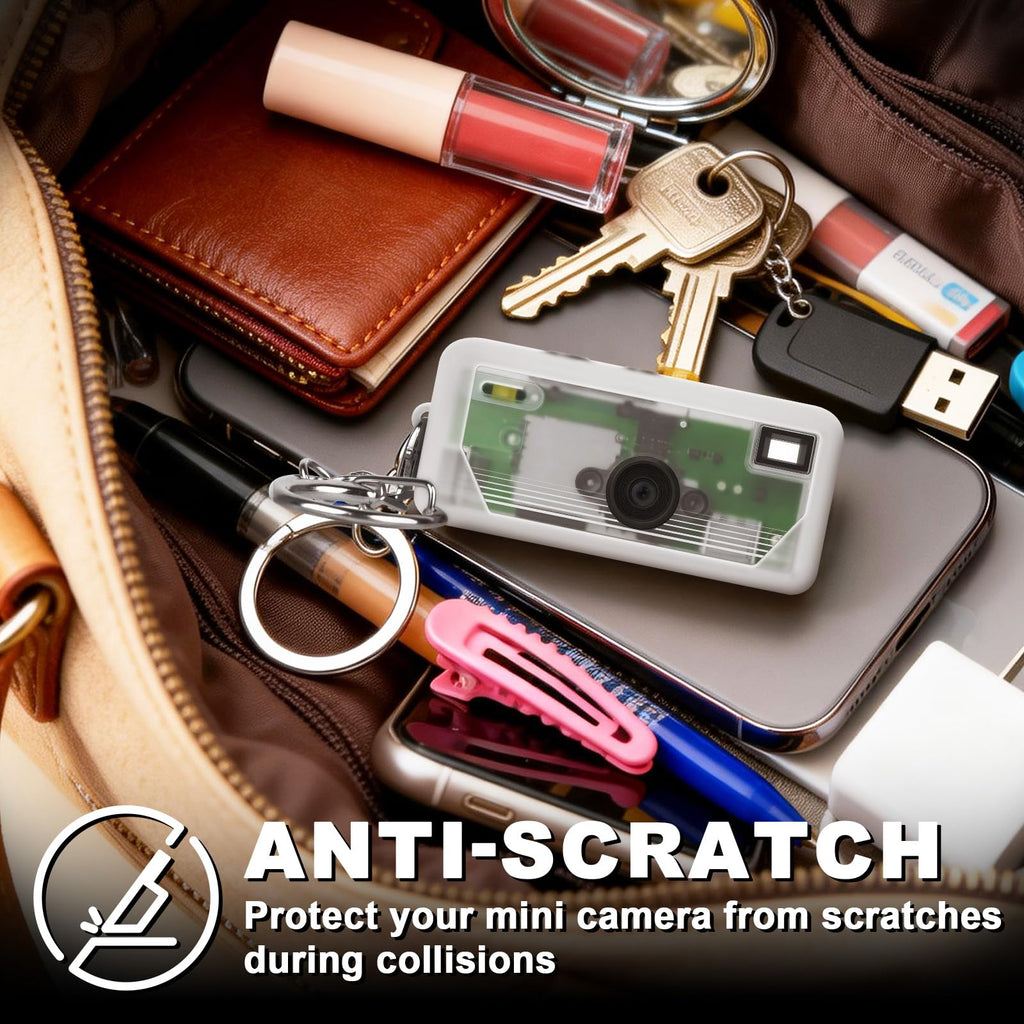 Clear white silicone case for Kodak Charmera keychain camera anti-scratch protection shown inside a bag