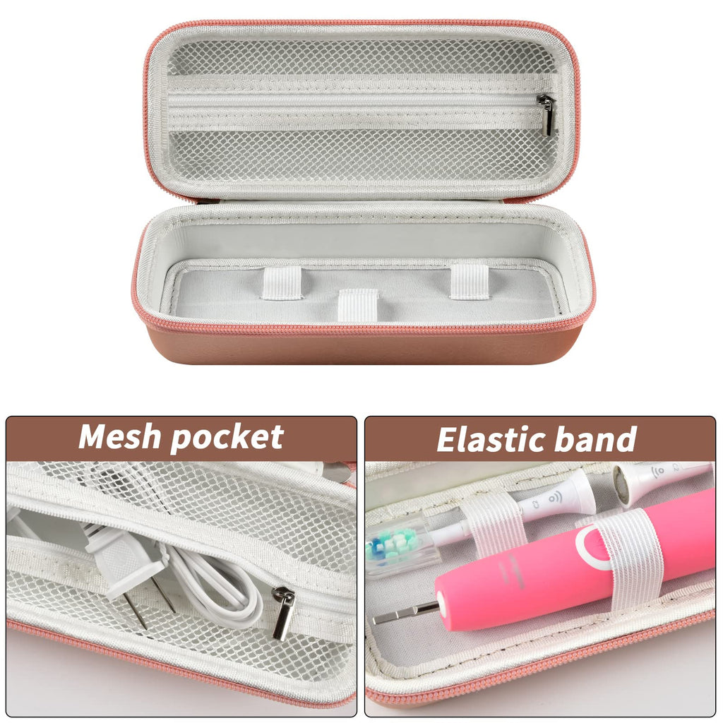 Rose gold toothbrush case interior with mesh pocket, elastic band, and molded compartments