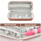 Rose gold toothbrush case interior with mesh pocket, elastic band, and molded compartments