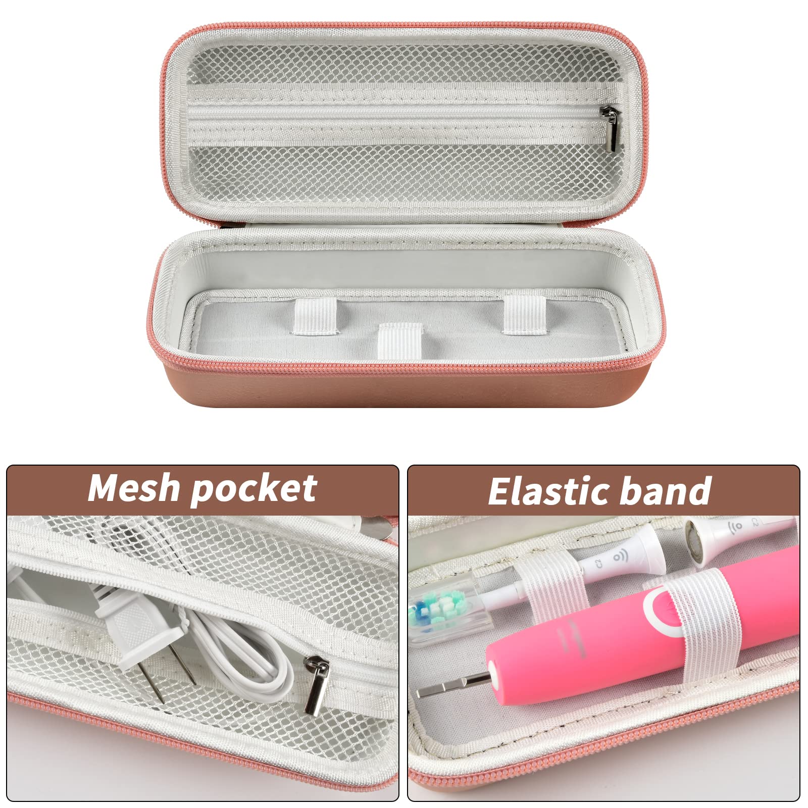 Rose gold toothbrush case interior with mesh pocket, elastic band, and molded compartments
