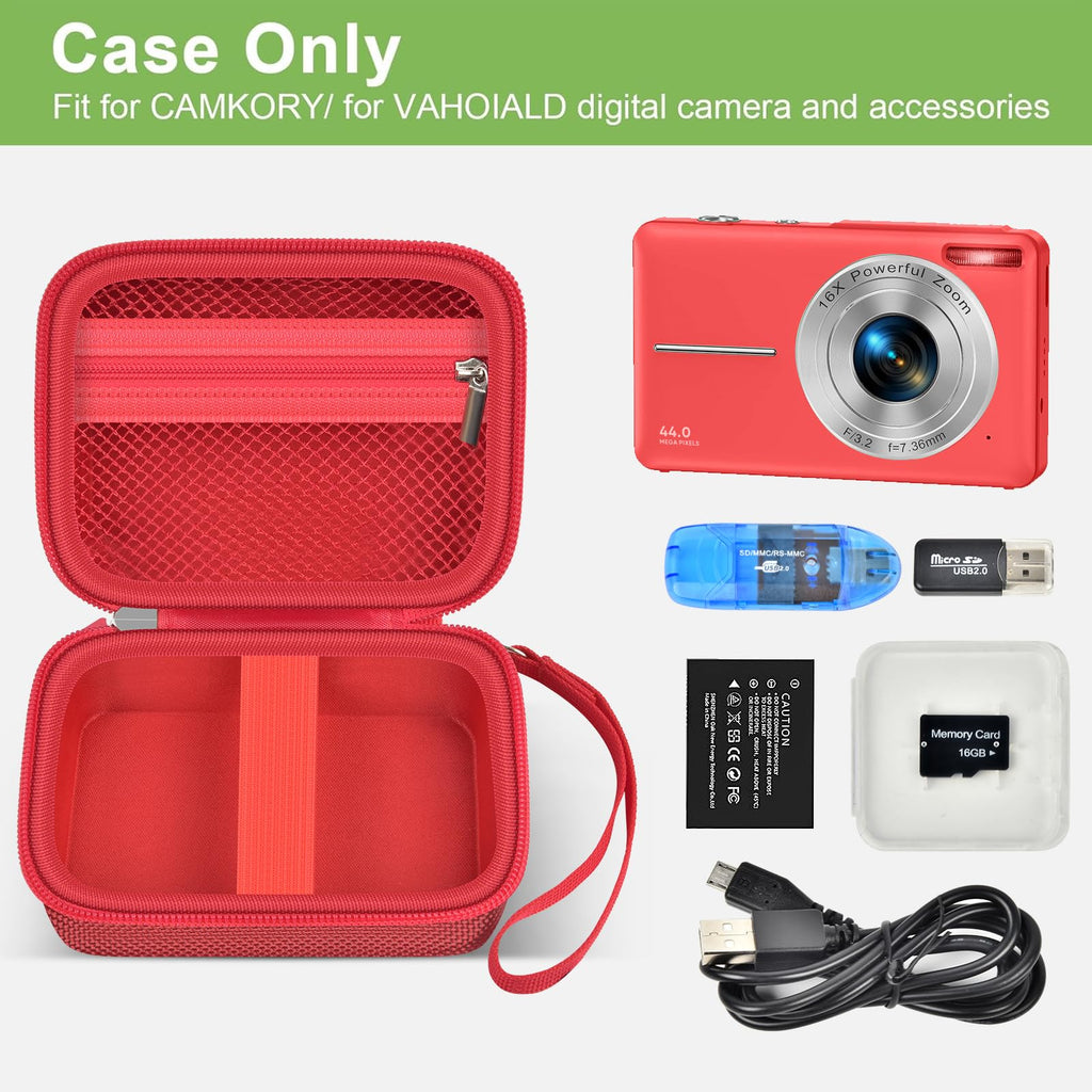 Red protective digital camera case shown open with compatible compact camera and accessories