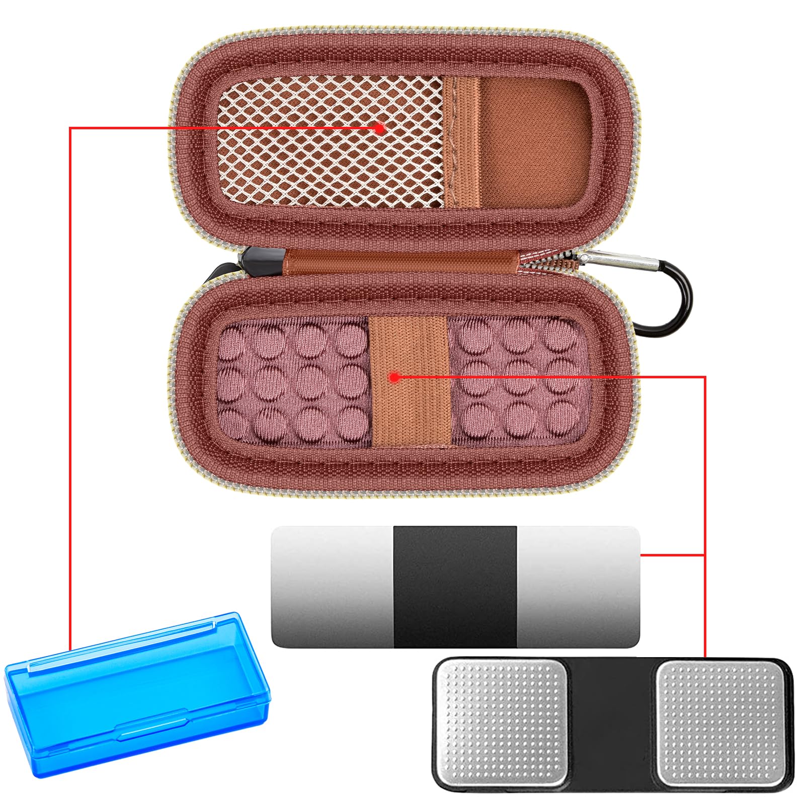 Open rose gold KardiaMobile case with mesh pocket, sensor area, and accessory compartments