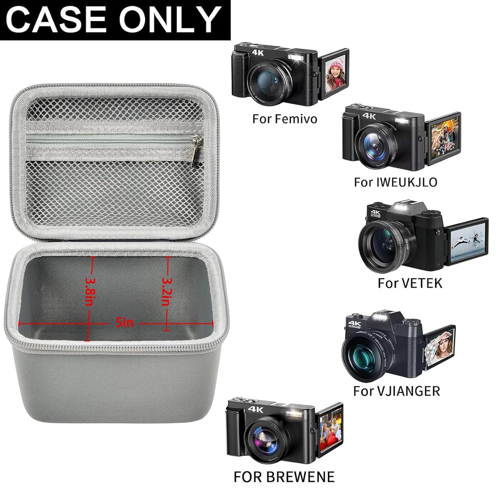 Open gray vlogging camera case with mesh pocket and adjustable interior; case only