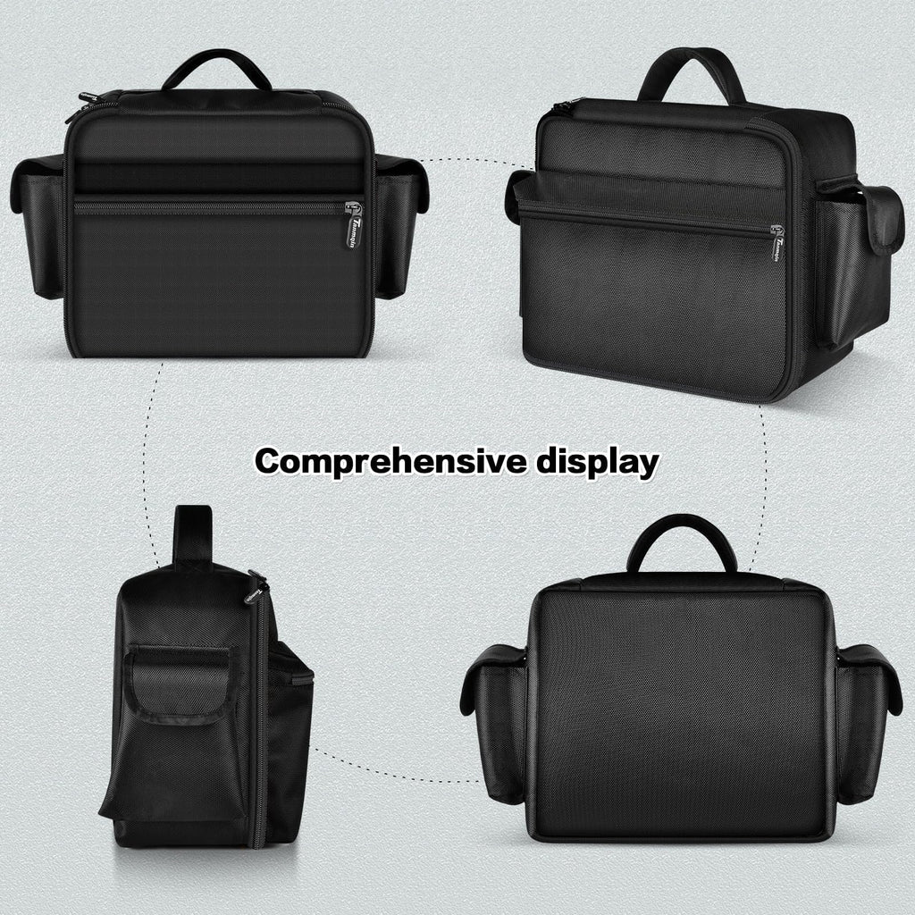 Black portable air compressor bag shown from front, back, side, and bottom