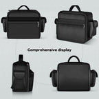Black portable air compressor bag shown from front, back, side, and bottom