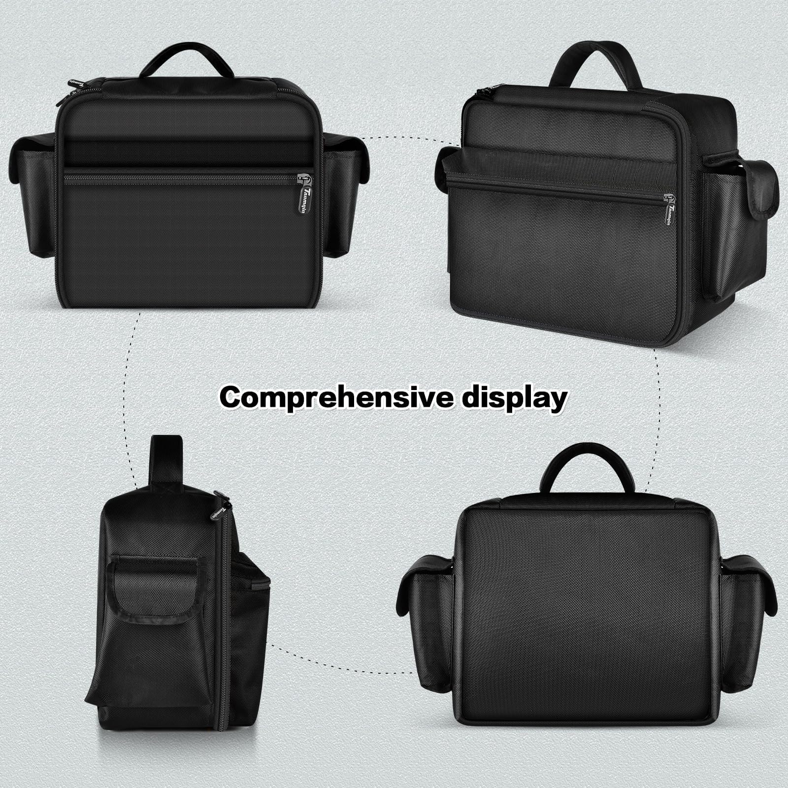Black portable air compressor bag shown from front, back, side, and bottom