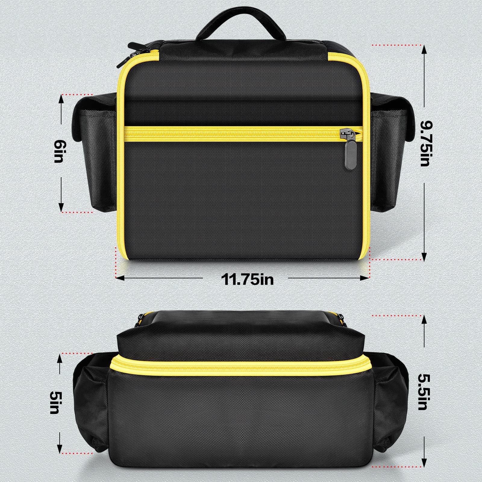 Black and yellow compressor bag dimensions: 11.75 by 9.75 by 6 inches