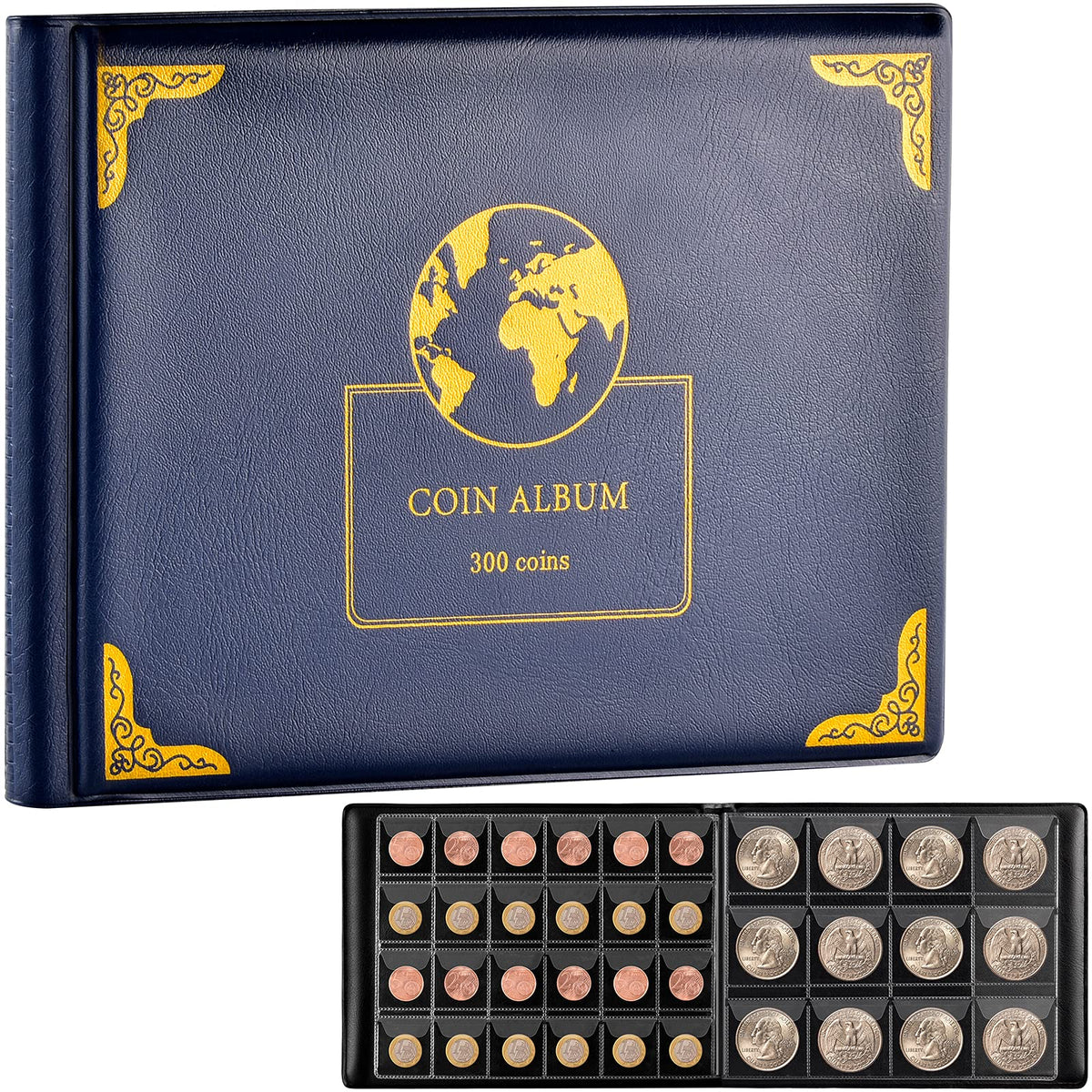 300-Pocket Coin Collection Album – Earth pattern blue – protective case product view