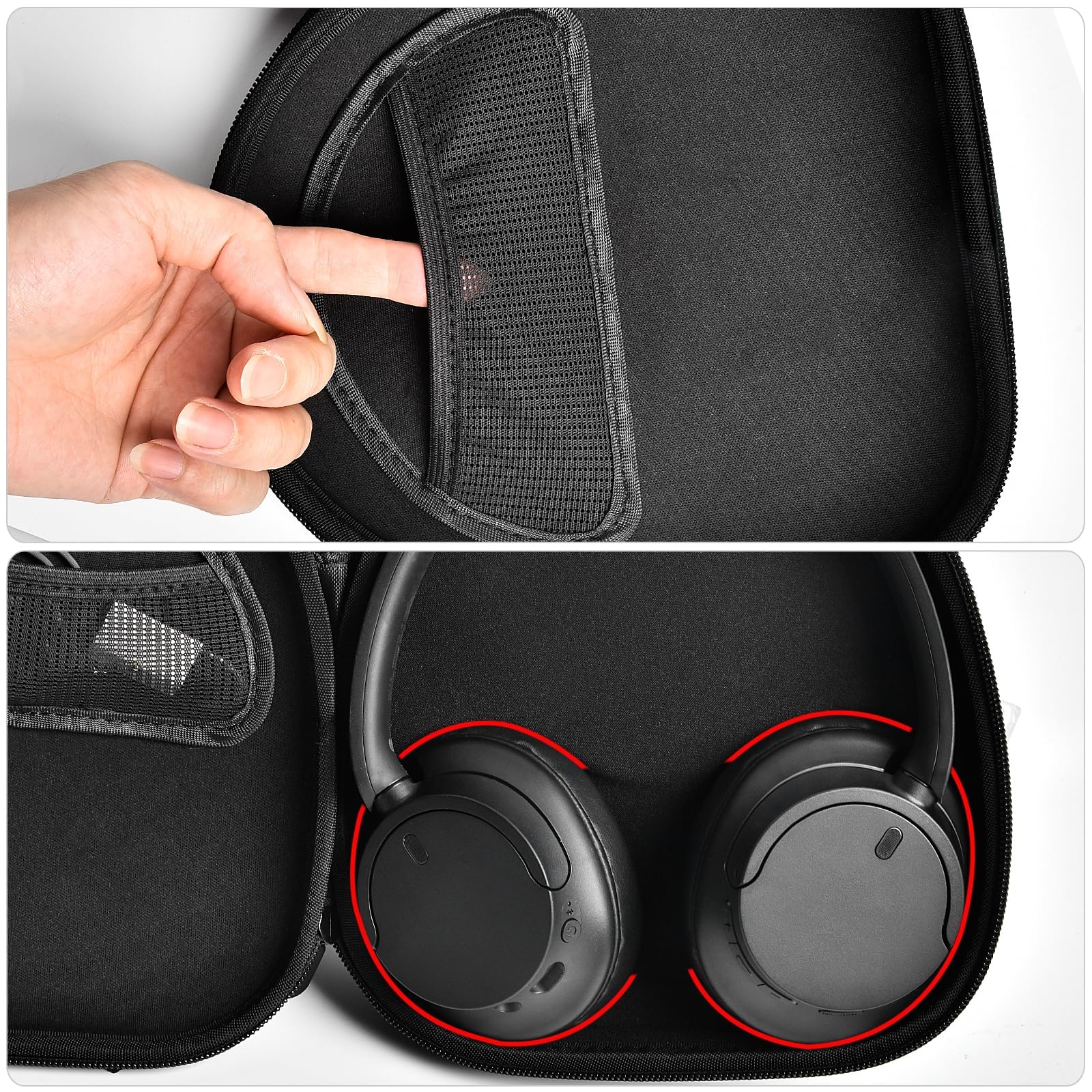 Black headphone case interior with mesh accessory pocket and folded headphones