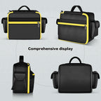 Black and yellow portable compressor bag shown from front, back, side, and bottom