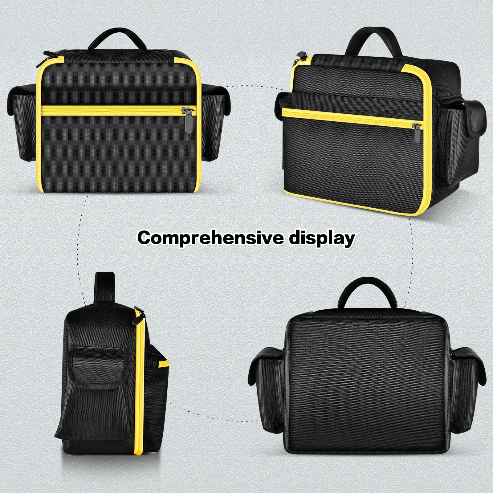 Black and yellow portable compressor bag shown from front, back, side, and bottom
